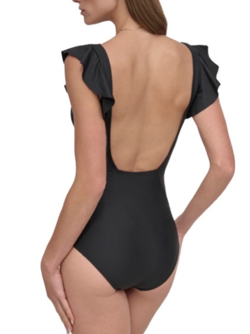 NEW DKNY One Piece Swimsuit Tummy Control Low Back Ruffle Straps Black Size S - Picture 2 of 16